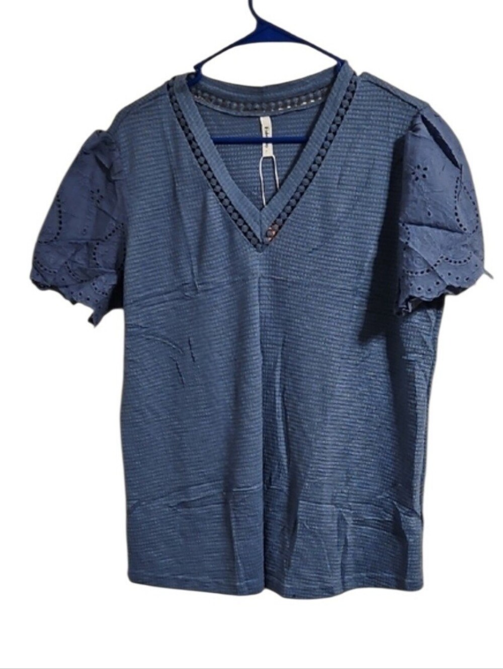 Women's Blue V-Neck Eyelet Sleeve Top